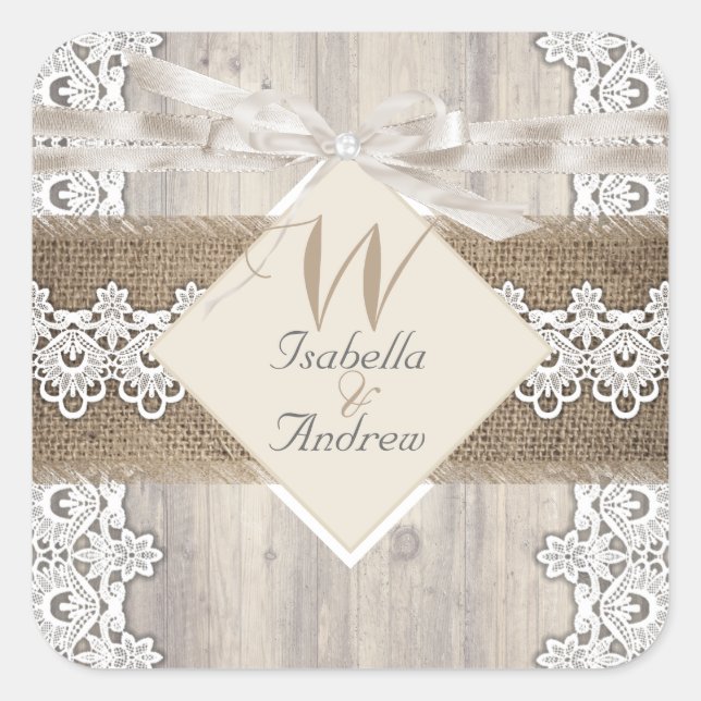 Sticker Carré Mariage Russe Beige Blanc dentelle Bois Burlap AB (Devant)