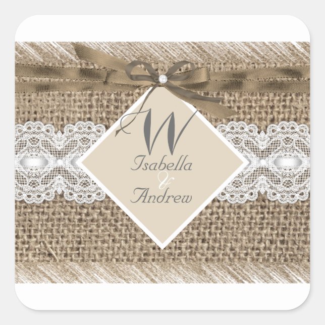 Sticker Carré Mariage Russe Beige Blanc Dentelle Burlap 2 (Devant)