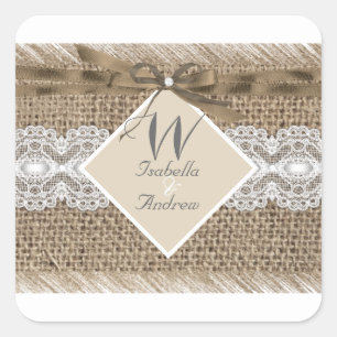 Sticker Carré Mariage Russe Beige Blanc Dentelle Burlap 2