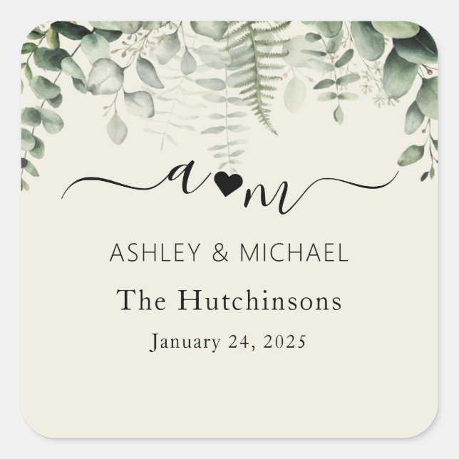 Sticker Carré Mariage rustique au eucalyptus Monogramme (Devant)