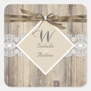 Sticker Carré Mariage rustique beige blanc dentelle bois 2