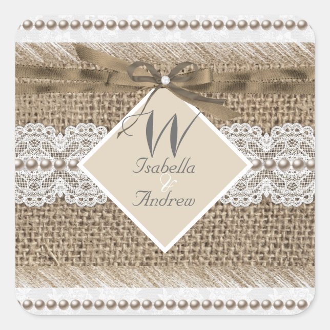 Sticker Carré Mariage Rustique Beige Blanc Dentelle Burlap (Devant)