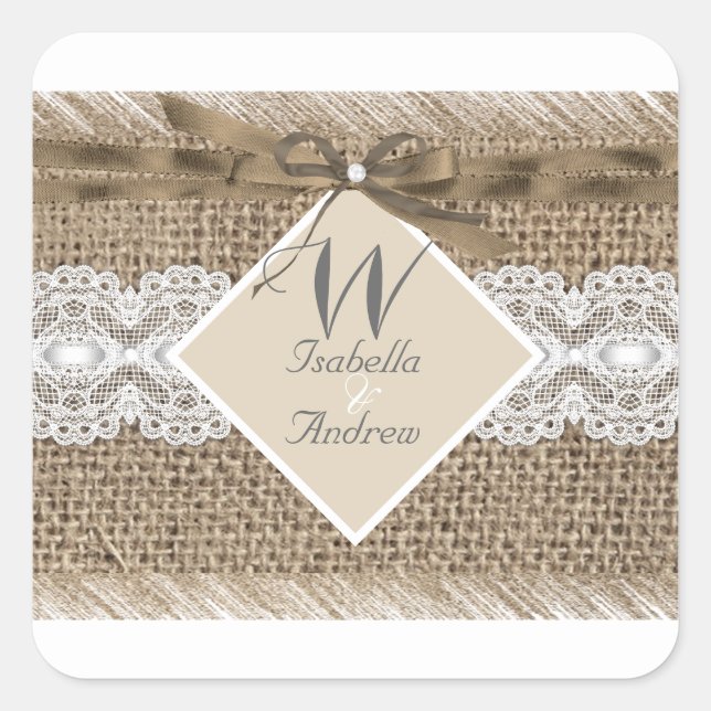 Sticker Carré Mariage Rustique Beige Blanc Dentelle Burlap 2 (Devant)