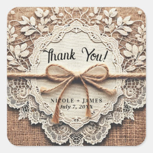 Sticker Carré Mariage rustique corde de toile de jute et dentell