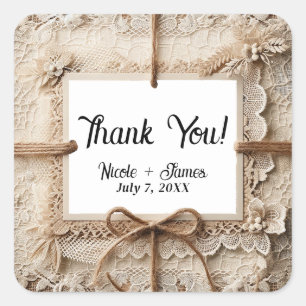 Sticker Carré Mariage rustique en toile de jute dentelle florale