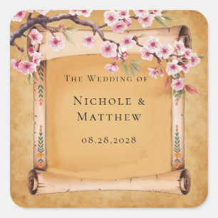 Sticker Carré Mariage Rustique Floral Scroll Cherry Blossom