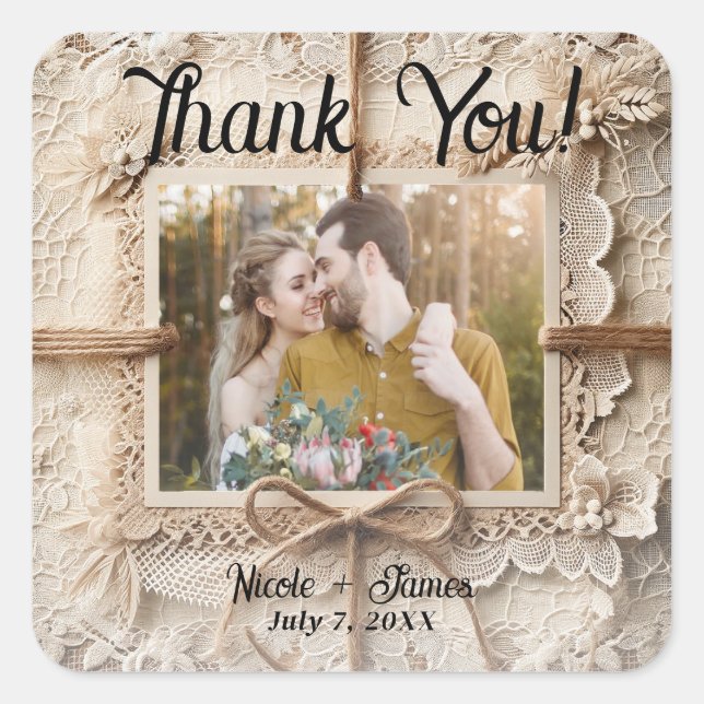 Sticker Carré Mariage rustique toile de jute dentelle florale ro (Devant)