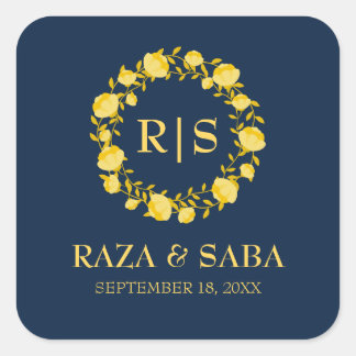 Sticker Carré Mariage Saphir Grâce Bleu et Or
