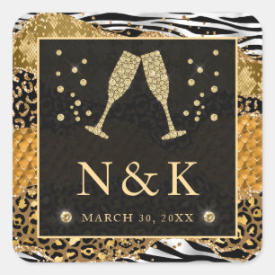 Sticker Carré Mariage sauvage jungle orange et or scintillant ag