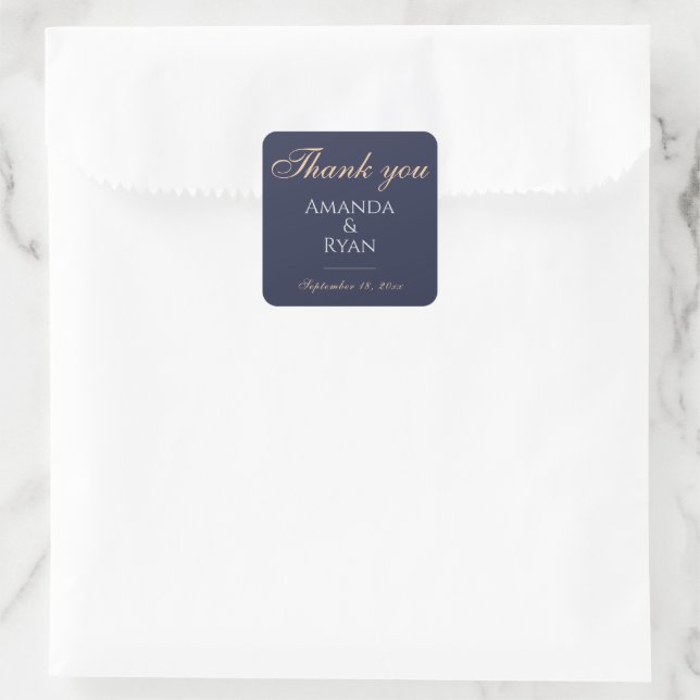 Sticker Carré Mariage simple élégant bleu foncé Merci (Sac)