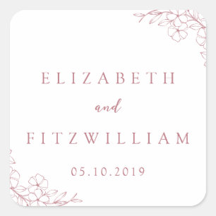 Sticker Carré Mariage simple main tiré rose cerise en fleurs