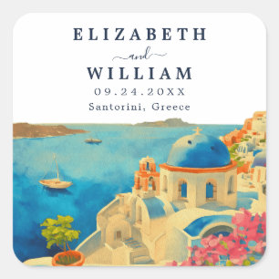 Sticker Carré Mariage Skyline Santorini Grèce Watercolor