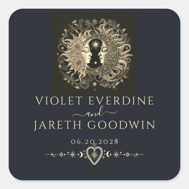 Sticker Carré Mariage Soleil Lune Étoiles Célestes  (Devant)