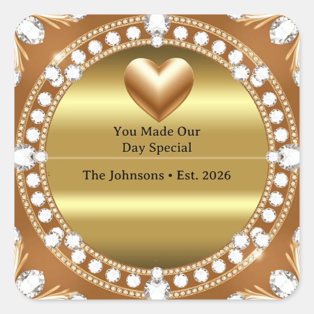 Sticker Carré 💍 Mariage Style Monogramme Cœur Doré 🌹 (Devant)