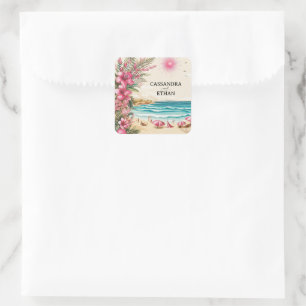 Sticker Carré Mariage sur la plage rose