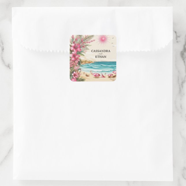 Sticker Carré Mariage sur la plage rose (Sac)