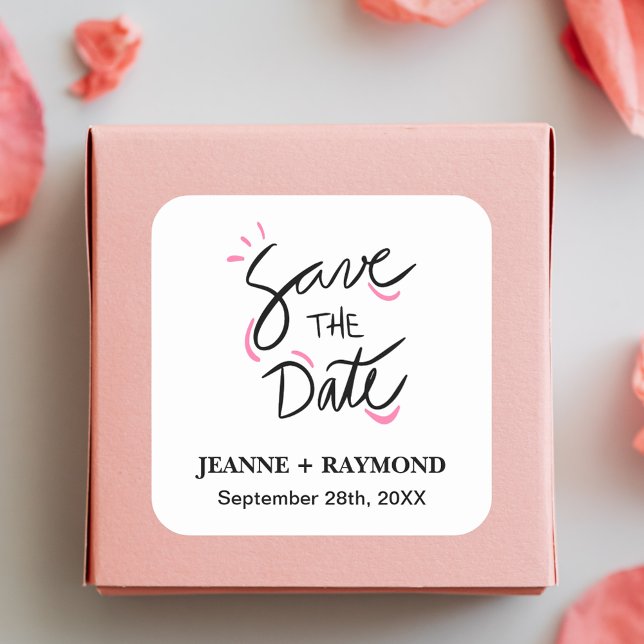 Sticker Carré Mariage sur mesure calligraphié avec style, carte  (Stylish calligraphy save the date sticker adds personalized charm to elegant wedding mailings.)