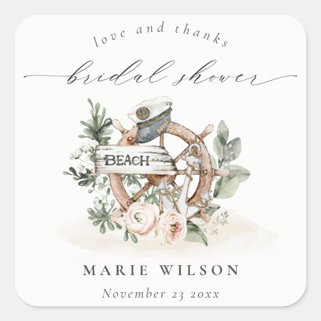 Sticker Carré Mariage Thématique Ancre Naútico Feuillage Floral (Devant)