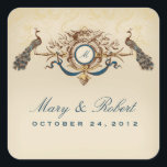 Sticker Carré Mariage thème Peacock<br><div class="desc">Mariage à thème Peacock avec deux élégants paons perchés sur une belle décoration. Modifiez facilement vos initiales et votre nom sur cette conception. Elégant or,  bleu et vert rendent ce style paon tout simplement magnifique.</div>