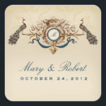 Sticker Carré Mariage thème Peacock<br><div class="desc">Mariage à thème Peacock avec deux élégants paons perchés sur une belle décoration. Modifiez facilement vos initiales et votre nom sur cette conception. Elégant or,  bleu et vert rendent ce style paon tout simplement magnifique.</div>