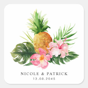 Sticker Carré Mariage Tropical à l'aquarelle Ananas et Hibiscus