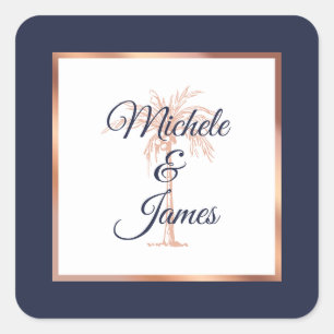 Sticker Carré Mariage Tropical Élégant Nuit Rose Or Palmier