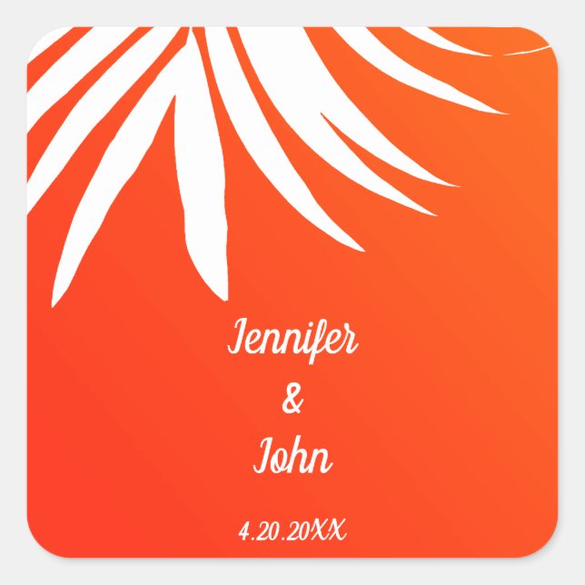Sticker Carré Mariage Tropical Palm Leaf Sunset Orange Beach (Devant)
