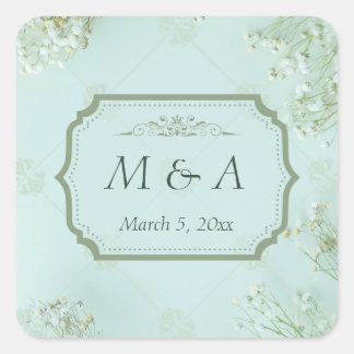 Sticker Carré Mariage Turquoise Fleurs blanches Pastel