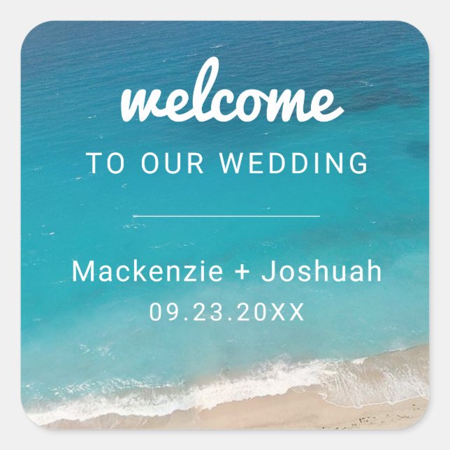 Sticker Carré Mariage turquoise Ocean Beach Bienvenue (Devant)