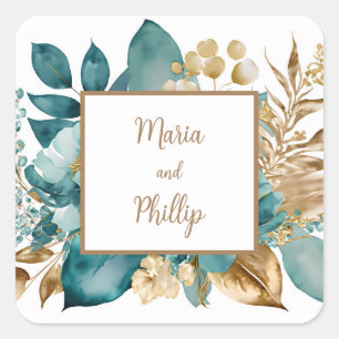Sticker Carré Mariage turquoise & or Floral