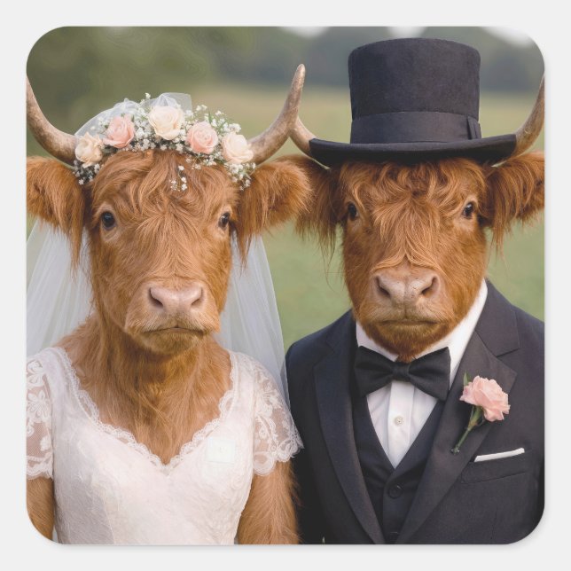Sticker Carré Mariage Vaches Highland Écossaises (Devant)