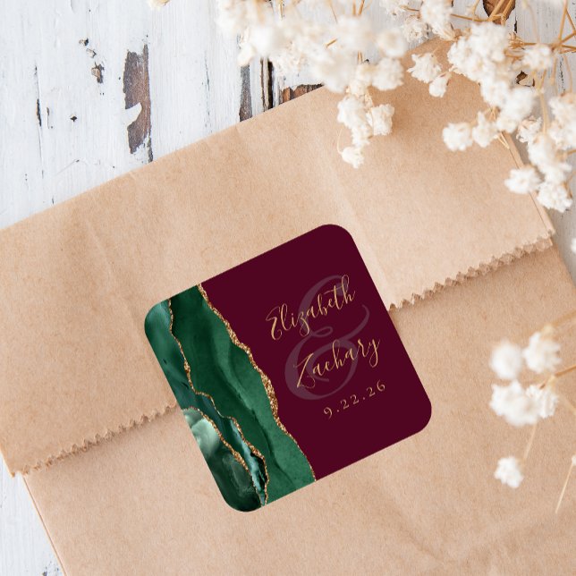 Sticker Carré Mariage Vert Émeraude Or Agate Script Bourgogne (Créateur téléchargé)