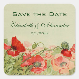 Sticker Carré Mariage Vintage, Fleurs de Coquelicots Rouges Enre