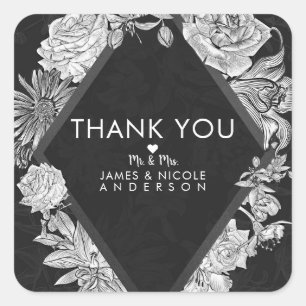 Sticker Carré Mariage Vintage Fleurs Diamant Noir Élégant