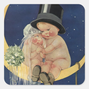 Sticker Carré Mariage Vintage, joli mariée et marié sur une Lune