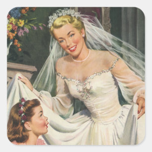 Sticker Carré Mariage Vintage, Mariée Rétro avec Fille aux Fleur