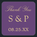 Sticker Carré Mariage violet doré beige Favoriser le Merci<br><div class="desc">Purple Golden Beige Wedding Favor Sticker Carré Merci, s'il vous plaît personnaliser avec les initiales du couple et la date du mariage, en utilisant le modèle de personnalisation en ligne avant de commander. L'autocollant présente du texte élégant dans une teinte dorée de beige (faux look or / or) sur un...</div>