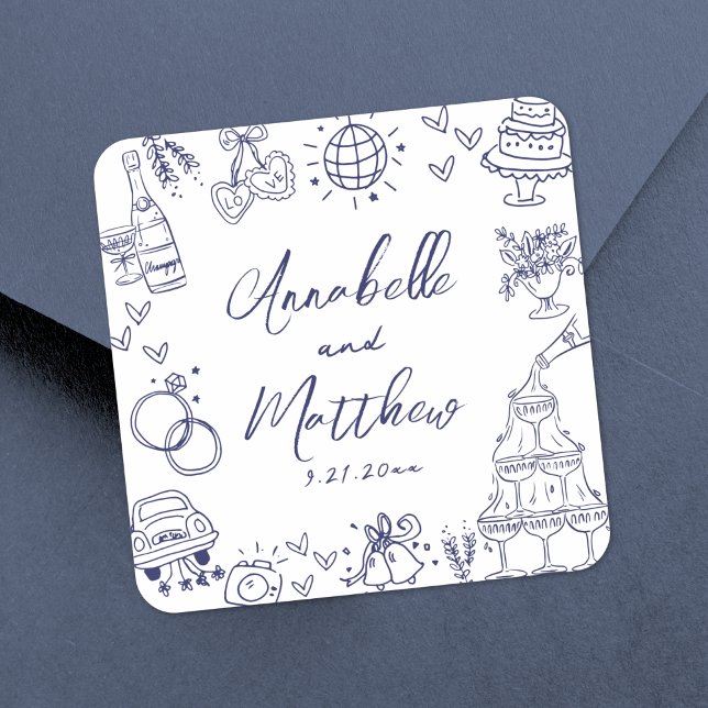 Sticker Carré Mariage Whimsical Bleu de la Marine (Quirky Hand Drawn Navy Blue Whimsical Wedding Square Sticker)