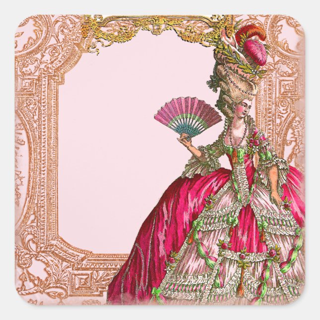 Sticker Carré Marie Antoinette dans un cadre rococo rose chaud (Devant)