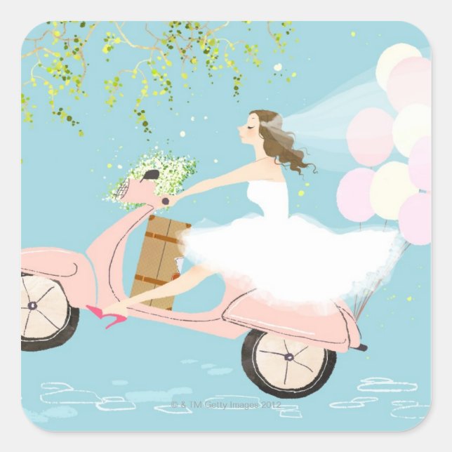Sticker Carré Mariée à cheval sur un scooter (Devant)