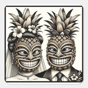 Sticker Carré Mariée et fille Aloha Pineapple Tiki Mariage princ