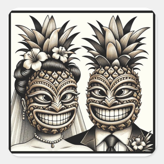 Sticker Carré Mariée et fille Aloha Pineapple Tiki Mariage princ (Devant)