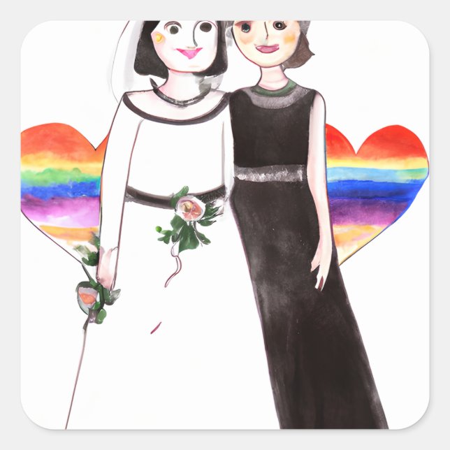 Sticker Carré Mariée et mariée cœur arc-en-ciel lesbienne (Devant)