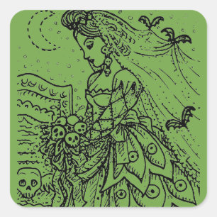STICKER CARRÉ MARIÉE GOTH D'HALLOWEEN, CHAUVES-SOURIS, VOILE, BO