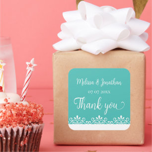 Sticker Carré Mariée Groom Turquoise Blanc Élégant Merci de mari