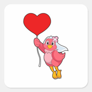 Sticker Carré Mariée oiseau avec voile et ballon en forme de cœu