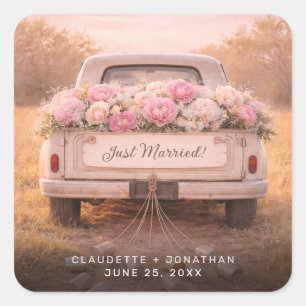 Sticker Carré Mariés à peine Vintage Camion Floral Rose Mariage