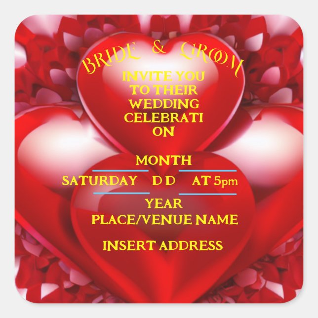 Sticker Carré MARIÉS Cœurs d'Amour Rouges (Devant)