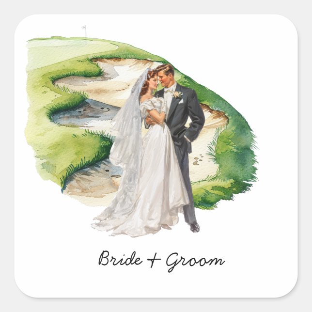 Sticker Carré Mariés golfeurs mariage sur terrain de golf (Devant)