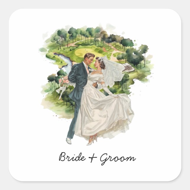 Sticker Carré Mariés golfeurs mariage sur terrain de golf (Devant)
